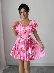 Elenzga Ruffled V-Neck Cinched Waist A-Line Floral Print Vacation Elegant Romantic Dress For Women