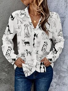 EMERY ROSE 休闲简约卡通动物印花宽松女式衬衫，适合秋冬季节，时尚百搭，休闲百搭。 - 彩色 - 查看 5