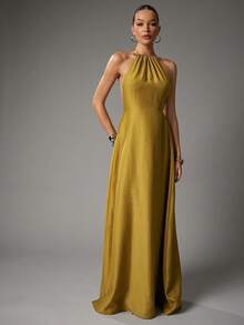 SHEIN Haute Women's Summer Sexy Vacay Neck Metal Detail Low Back Linen Shiny Fabric Maxi Dress - Khaki - View 5
