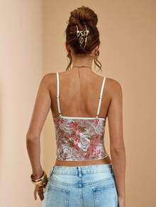 SHEIN BAE Women's Lace Deep V Neck Semi-Sheer Sexy Camisole, Back To School Top/Summer Tops/Crop Tops/Cute Tops/Going Out Tops Women