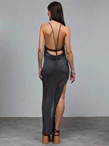 TypaGal 女士纯色破洞开衩至大腿露背罩衫 - 灰色 - 查看 2