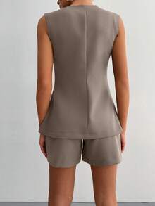 ZIRRA Women's Solid Color Single-Breasted Sleeveless Jacket And Shorts Casual 2 Pieces Set - Mocha Brown - View 2