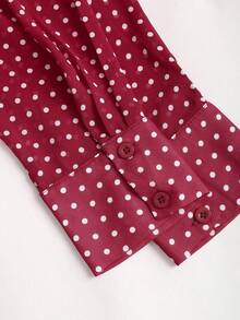 Sweetra 女式新款优雅波尔卡圆点褶饰多层下摆纽扣长袖衬衫裙 - 紅色 - 查看 5