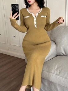 Modelyn Elegant Contrast Trim Metal Buckle Dry Leaf Yellow Women Sweater Dress, Suitable For Autumn And Winter - Mustard Yellow - View 1