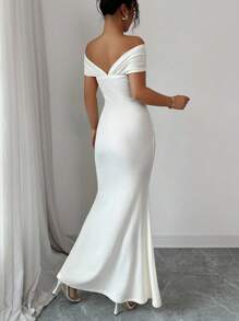 Elenzga 优雅精致时尚夏季露肩褶饰金属扣装饰中长款修身鱼尾下摆针织连衣裙 - 杏色 - 查看 2