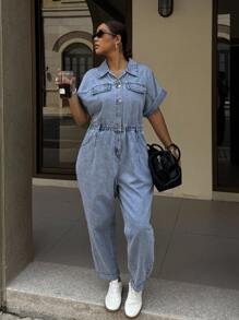 Dripcurv Bộ đồ liền thân denim giặt thường ngày cỡ lớn có tay cánh dơi - Màu xanh lam - Xem 5