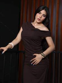 Steff Loaiza Asymmetric Ruched Oblique Shoulder Top & High-Slit Ruched Low Waist Skirt Summer Set, Women's Clothing, Pink,Ladies Elegant Asymmetrical,Ruched,Split Thigh Sleeveless Slim Fit Coffee Brown Batwing Sleeve Skirt Women Two-Piece Outfits,Spring/Summer,Casual Daily Wear