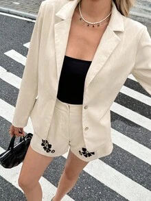 SHEIN Frenchy Women's Linen Blend Embroidered Floral Blazer And Shorts Set,Black Floral Summer Smart Casual Brunch Two Piece Suit,Lapel Neck Old Money Office Wear - Multicolor - View 5