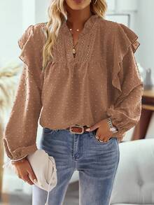 EMERY ROSE Women's Casual Vacation Style Simple Solid Color Keyhole Neck Lantern Sleeve Ruffle Trim Swiss Dot Loose Blouse, Spring/Autumn Fall Cloth For Women Swiss Dot Blouse Long Sleeve Blouse Puff Sleeve Blouse Brown Blouse Ruffle Blouse - Camel - View 6