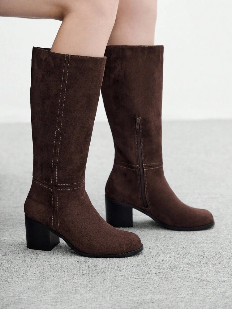 CUCCOO BIZCHIC Women's New Fashion Commuter Casual Lace-Up Buckle Thick Heel British Rider Motorcycle Mid-Calf Boots