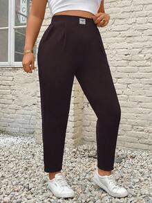 SHEIN PETITE CURVE Plus Size Solid Color Elastic Waist Patch Pocket Casual Pants - Chocolate Brown - View 5
