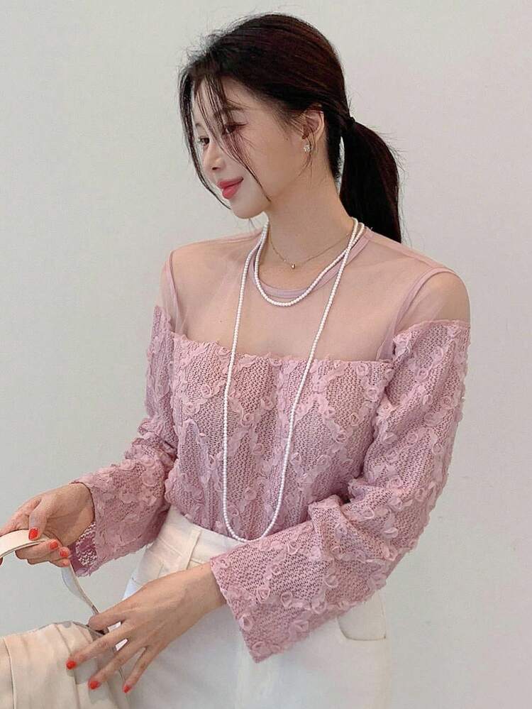 Women's Elegant Commuter Mesh Patchwork Jacquard Fabric Round Neck Blouse Long Sleeve Top Off The Shoulder