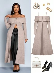 SOLERSUN 大码女式秋冬时尚优雅性感长款T恤，露肩设计，喇叭领，长袖，前中高开衩纽扣，杏核条纹，仿羊毛面料，适合约会、购物、圣诞节和返校季 - 杏色 - 查看 6