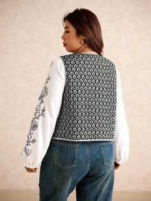 Elaquor Chaleco informal de mujer de talla grande con patrón geométrico y abotonadura sencilla, para invierno - Multicolor - Ver 2