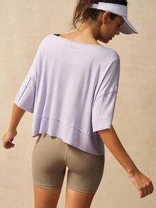 VARSIVA Camiseta deportiva casual para mujer con cuello en V, ajuste holgado y hombros caídos - Morado - Ver 6