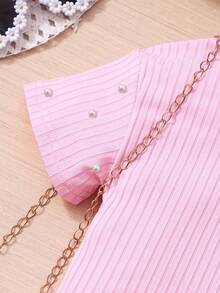 2pcs Young Girl' Plain Ribbed Crew Neck Pearl Short Sleeve Top And Flared Pants Set, Casual Summer Outfit Summer Holiday