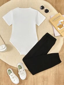 Set 2 Potong Atasan dan Legging Motif Huruf untuk Anak Perempuan Remaja - Hitam - View 2