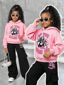 SHEIN Explorewe Bộ 2 món đồ thời trang dạo phố cho bé gái, áo hoodie in hình mặt ma và quần cargo đen, thời trang cho các bữa tiệc và chuyến đi chơi - Hồng - Xem 3