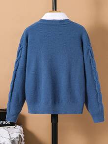 SHEIN 青少年男童休闲日常百搭舒适宽松高领套头毛衣 - 藍色 - 查看 4