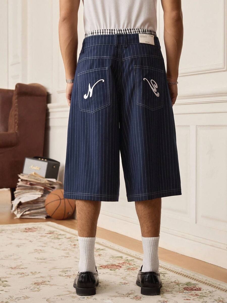 SWAVVY Pantalones capri casuales anchos de pierna suelta con bolsillo a rayas para hombres - Azul - Ver 1