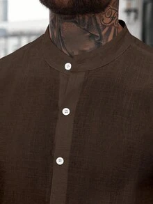 Manfinity CasualCool 男士休闲立领纯棉简约长袖衬衫，长袖上衣，男士秋季户外2025秋季，棕色衬衫男士男士棉质衬衫，适合秋季 - 咖啡棕 - 查看 5