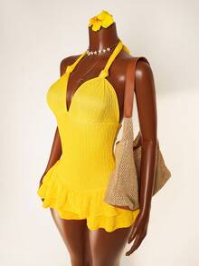 Mistrie Tie Front Backless Ruffle Trim Fitted Romper Shorts - Yellow - View 3