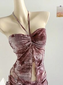 Soleia Spring/Summer Vacation Elegant New Strapless Sleeveless Printed Mesh Top & Pleated Skirt 2 Pieces Set - Multicolor - View 5