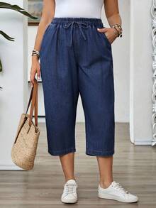 EMERY ROSE Plus Size Women Waist Tie Pocket Casual Tapered Denim Capri Pants
