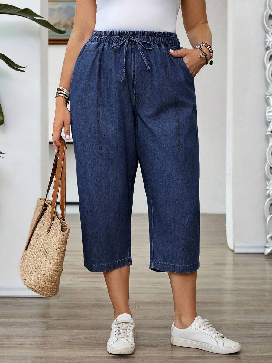EMERY ROSE Plus Size Women Waist Tie Pocket Casual Tapered Denim Capri Pants