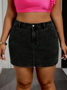 Slaydiva Plus Size Simple Red Bow Decor Pocket Denim Skirt - Black - View 7