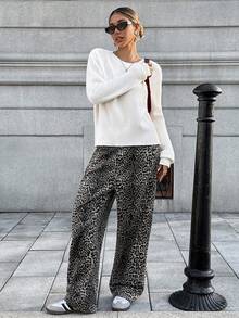 Chiquease Suéter de malha com estampa de laço e contraste de cores estilo francês feminino, início do outono - Preto e Branco - Ver 3