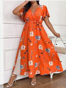 SHEIN Privé Plus Size Summer Vacation V-Neck Loose Flare Dress With Random Print And Side Slit Tie, For Women,Sun Dresses For Women - Orange - View 7