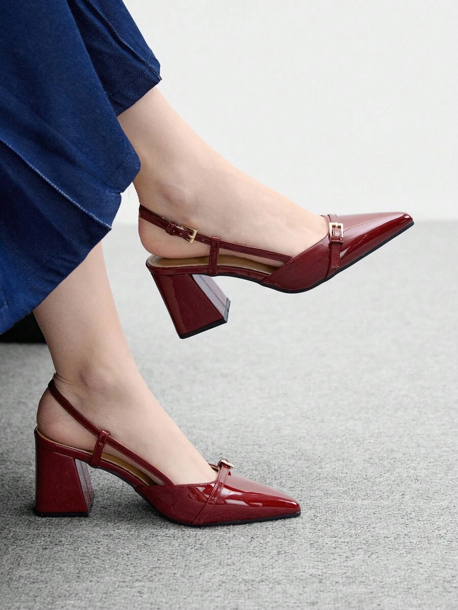 CUCCOO BIZCHIC Women's Fashion Burgundy Open Back Pointed Toe Chunky Heels Pumps, Classic Minimalist Design For Commute, Date, Party, Holiday, Wedding - Burgundy - View 1