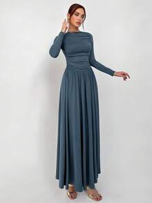 Aloruh 女式纯色圆领长袖褶皱加长基本款针织连衣裙 - 霧霾藍 - 查看 3