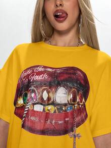 ROMWE Grunge Punk 加州女孩嘴唇印花女式超大T恤 - 黃色 - 查看 2