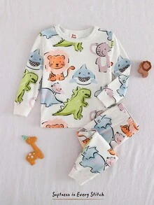Cozy Pixies 2pcs Young Boy Cartoon Shark & Dinosaur Print Soft Knit Crew Neck Long Sleeve Top And Elastic Waist Pants Snug Fit Pajama Set, Suitable For Autumn/Winter Childrens Animal Print Pajamas Kids Bamboo Pajamas Kids Dinosaur Clothes Cartoon Pajamas - Multicolor - View 3