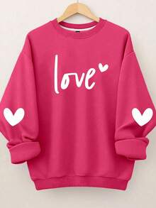 EMERY ROSE Bluzy damskie w dużych rozmiarach z nadrukiem w kształcie serca i miłosnym listem, z okrągłym dekoltem, na Walentynki - Wyrazisty róż - Zobacz 1