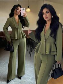 Elenzga Áo khoác Blazer tay dài cổ bẻ thanh lịch cổ điển dành cho nữ, bộ 2 món công sở lãng mạn, xuân/thu - xanh quân đội - Xem 1