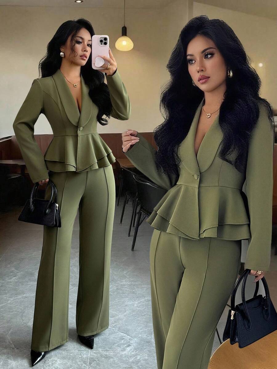 Elenzga Áo khoác Blazer tay dài cổ bẻ thanh lịch cổ điển dành cho nữ, bộ 2 món công sở lãng mạn, xuân/thu - xanh quân đội - Xem 1