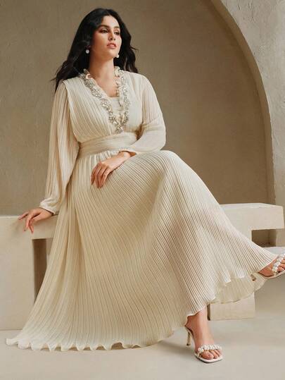 Anewsta Plus Size Women's Long Elegant Beaded Evening Gown Dress, Apricot Color