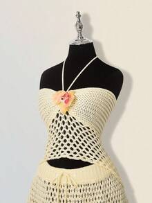 SHEIN ICON Bộ 2 áo len hở lưng họa tiết hoa trang trí bãi biển mùa thu/đông - Màu be - Xem 5