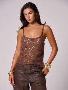 MUSERA Strappy Sequin Spaghetti Strap Top Spring, Summer, Ibiza, Y2k, Cool Girl, Festival, Rave, Vacation, Club, Cute Fall Party  Chic Sweater - Chocolate Brown - View 4