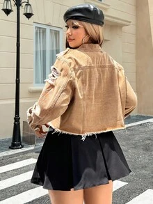 SHEIN EZwear 大码女式秋季做旧单排扣磨边休闲牛仔夹克 - 卡其色 - 查看 2