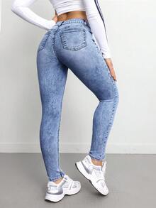 SHEIN Tall CURVE 大码女款蓝色牛仔弹力紧身裤 - 中等水洗藍 - 查看 3