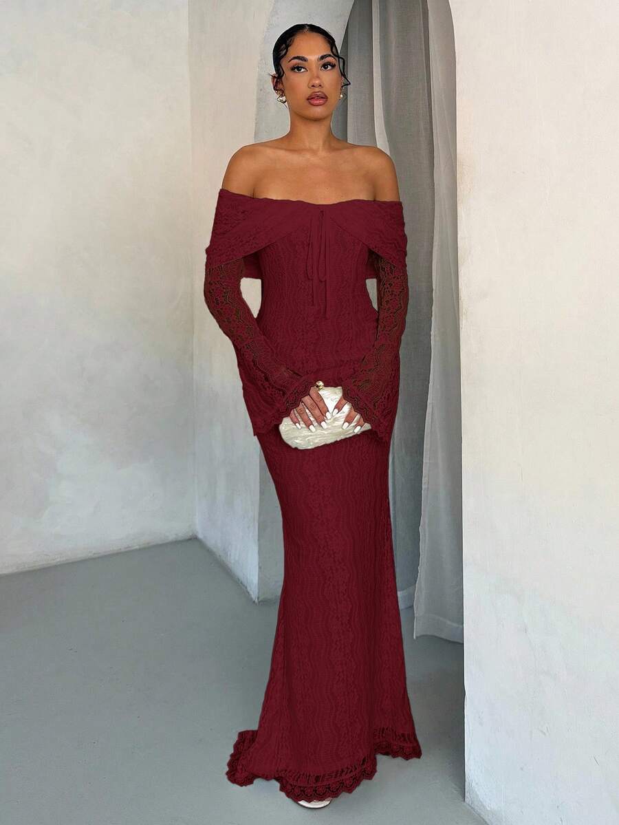 SHEIN BAE Vestido feminino elegante de renda branca com ombros de fora e manga comprida estilo sereia, adequado para casamento, festa e reunião - Borgonha - Ver 1