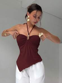 Aloruh Áo kiểu trễ vai hở lưng màu trơn gợi cảm, vạt bất đối xứng, thích hợp cho mùa hè, kỳ nghỉ hè, du lịch biển, áo mùa hè cho nữ. - Màu Đỏ Sâu - Xem 5