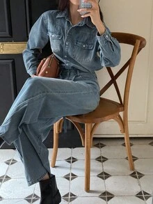 DAZY Chemise à manches longues avec col et boutons pour femmes et pantalon droit avec décoration de ceinture, tenue en jean décontractée