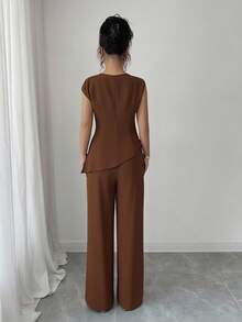 Lyxana Solid Asymmetrical Neck Top & Wide Leg Pants - Rust Brown - View 2
