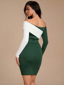 Chiquease 1 Peça Vestido Longo Elegante de Natal Colorbloco Sólido com Manga Longa Ombro à Mostra Fofo para Mulheres - Verde Escuro - Visão 2