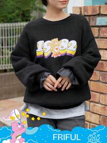 FRIFUL SHEIN X Care Bears Women's Loose Fit Crew Neck Cartoon Pattern Thermal Lined Thick Sweater - Black - View 7